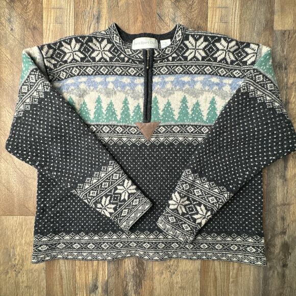 Vintage Shetland Wool Sweater Men's Medium Black Nature Outdoor 1/4 Zip 5126 - Picture 1 of 14